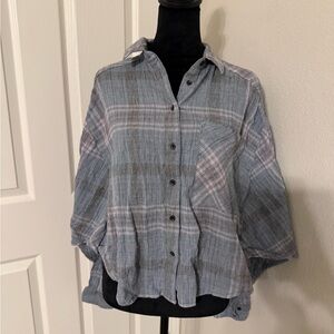 Free People Light Blue Plaid Button-Front Long Sleeve Top